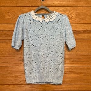 Vintage 80s pointelle short sleeve crochet collar grandmacore sweater
